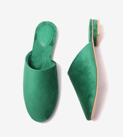 Velvet Pointed-Toe Mule Flats - Green
