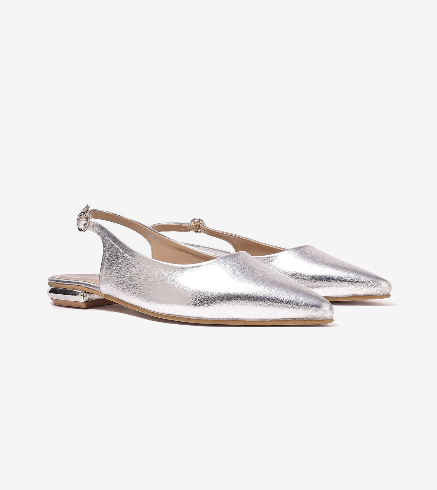 Pointed Toe Slingback Flats - Silver