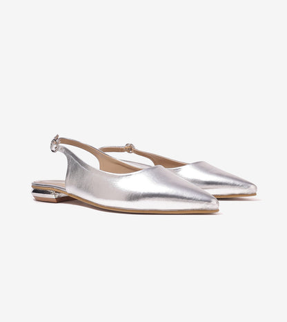 Pointed Toe Slingback Flats - Silver
