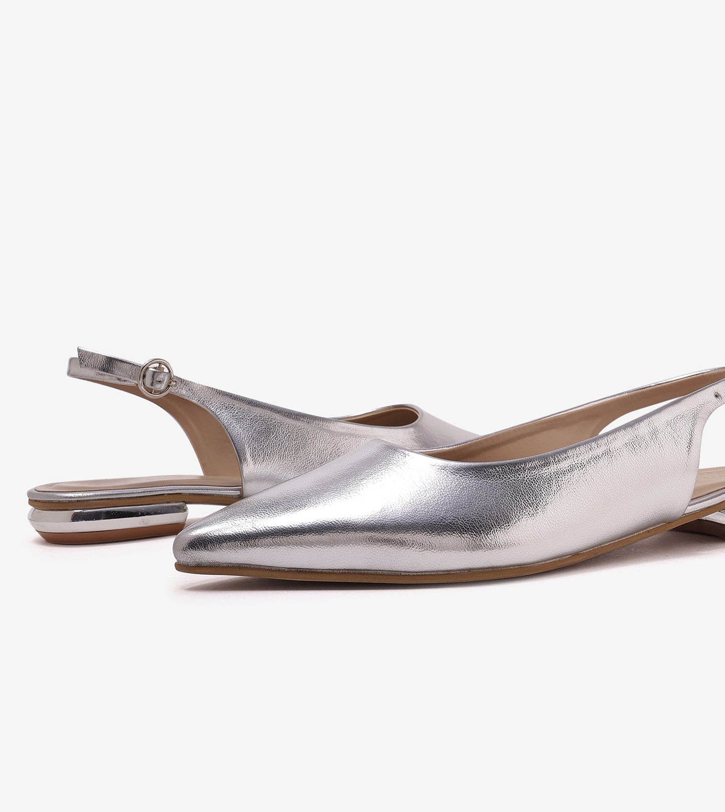 Pointed Toe Slingback Flats - Silver