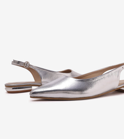 Pointed Toe Slingback Flats - Silver