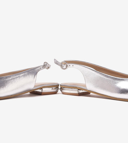 Pointed Toe Slingback Flats - Silver