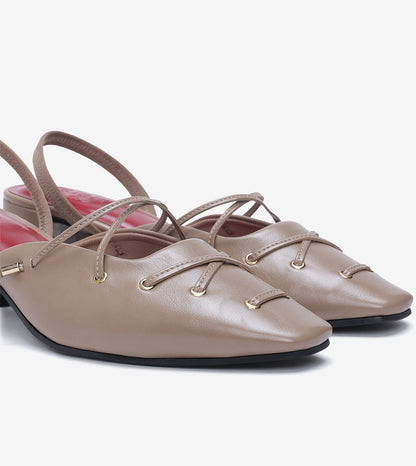 Lace-Up Slingback Heels - Beige
