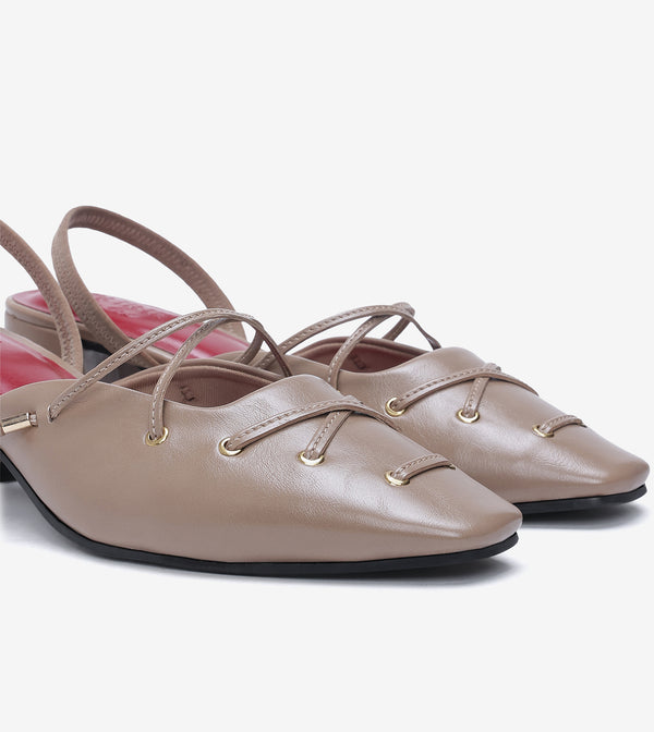 Lace-Up Slingback Heels - Beige