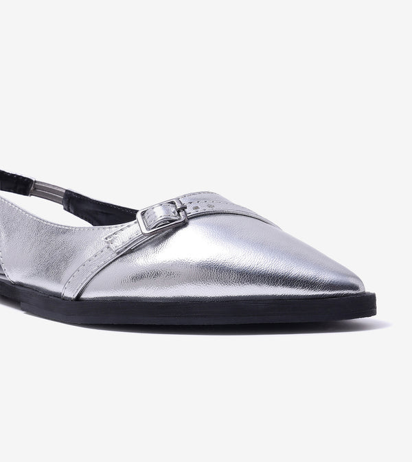 Pointed-Toe Buckle Slingback - Silver