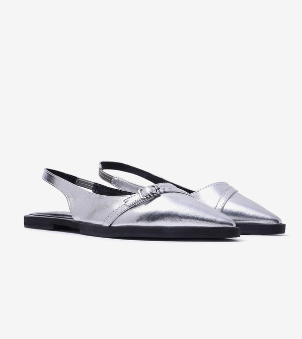 Pointed-Toe Buckle Slingback - Silver
