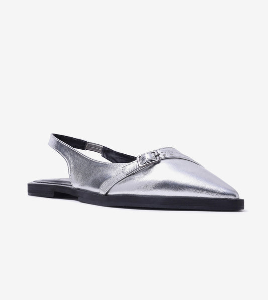 Pointed-Toe Buckle Slingback - Silver