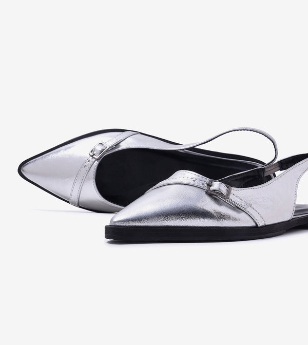Pointed-Toe Buckle Slingback - Silver