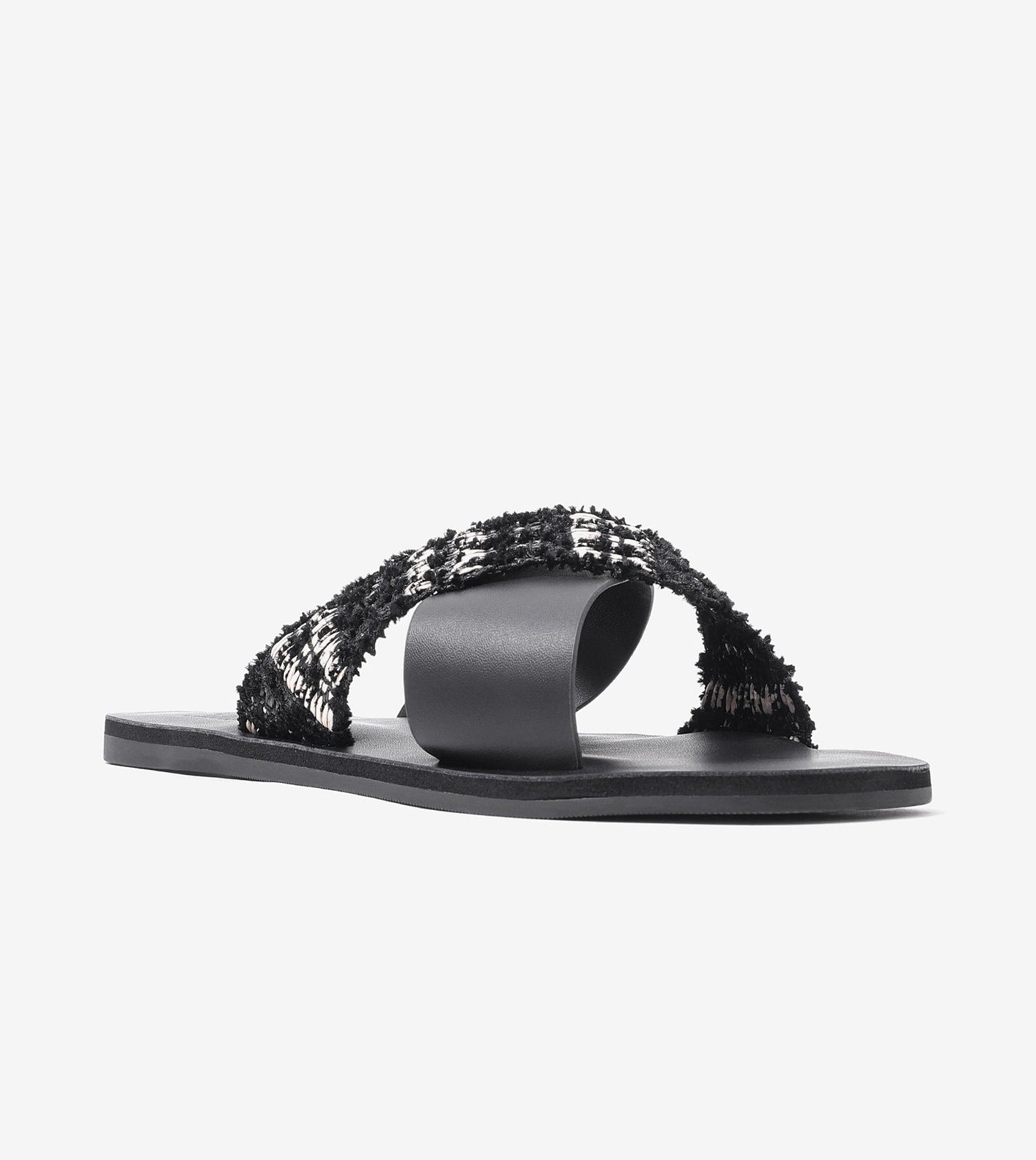 Textured Cross-Strap Flats Slides - Black
