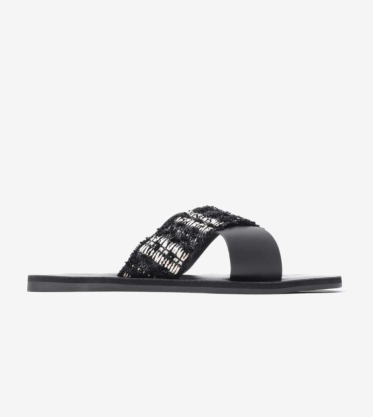 Textured Cross-Strap Flats Slides - Black