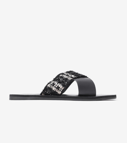 Textured Cross-Strap Flats Slides - Black
