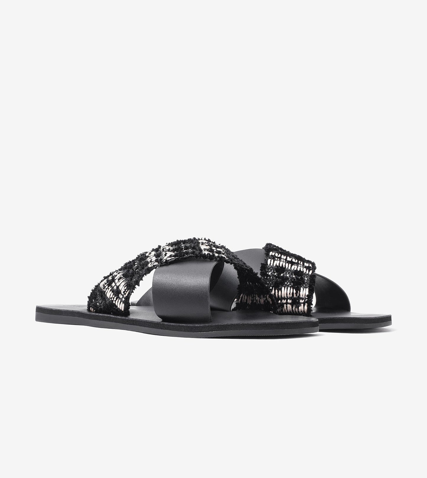 Textured Cross-Strap Flats Slides - Black
