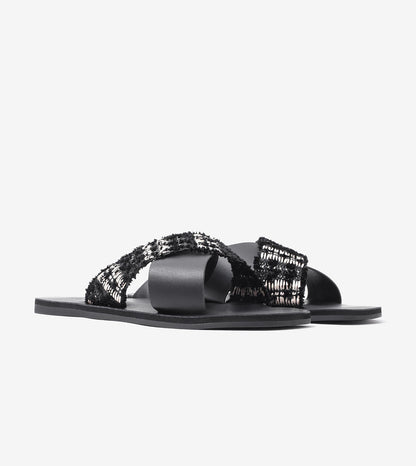 Textured Cross-Strap Flats Slides - Black