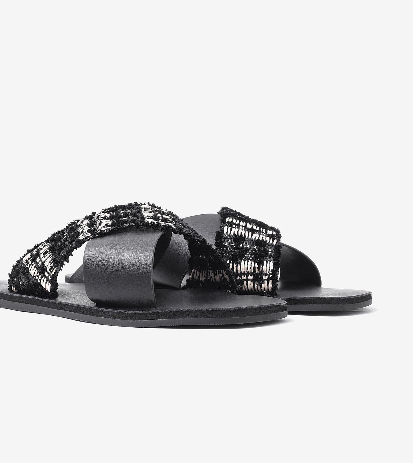 Textured Cross-Strap Flats Slides - Black
