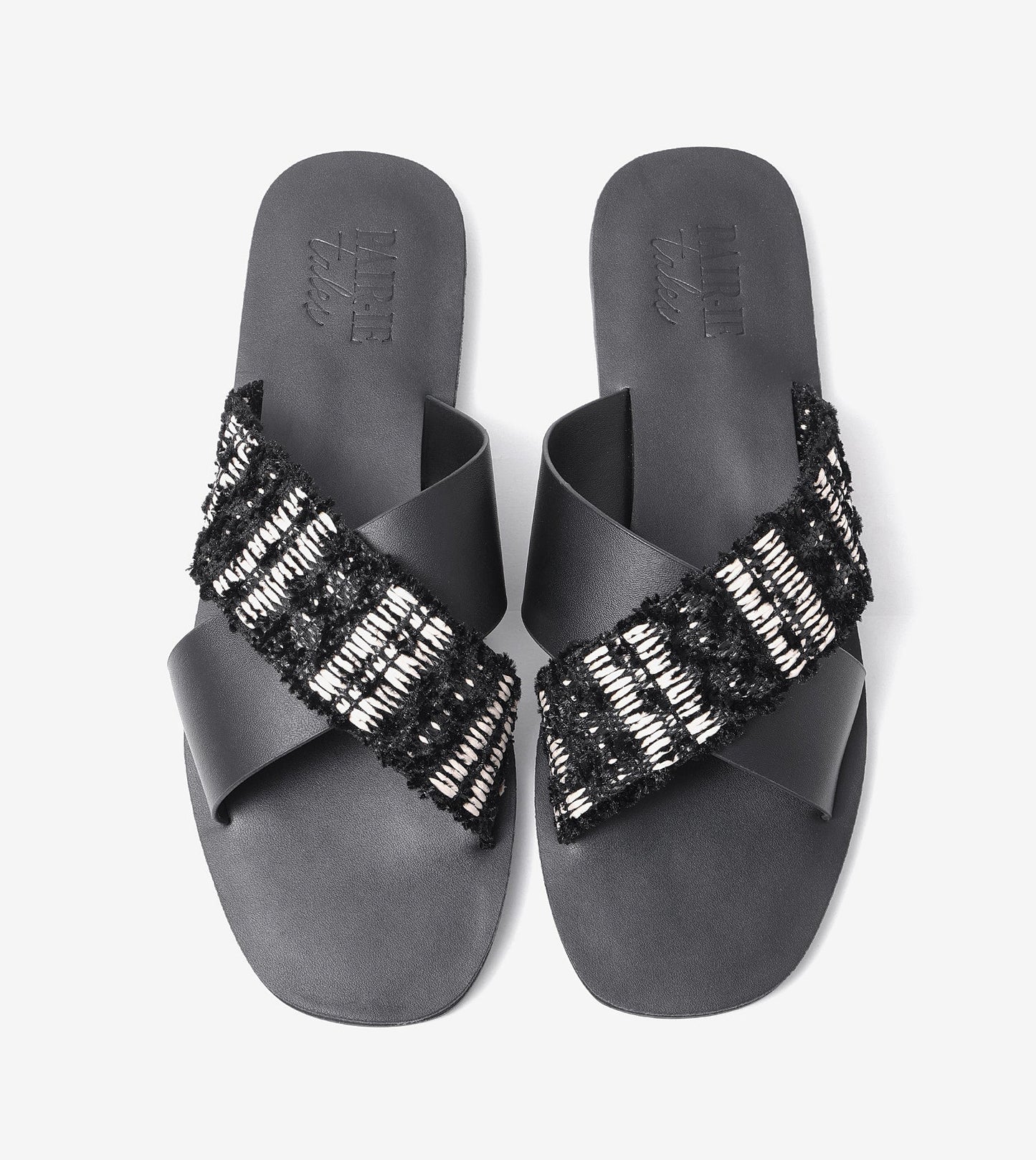 Textured Cross-Strap Flats Slides - Black