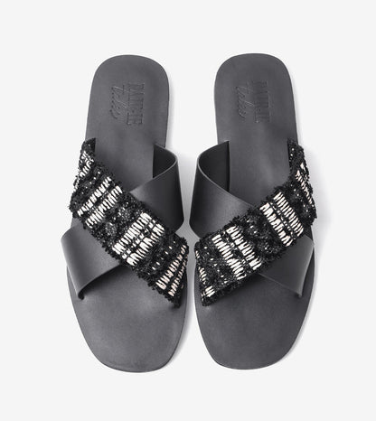 Textured Cross-Strap Flats Slides - Black