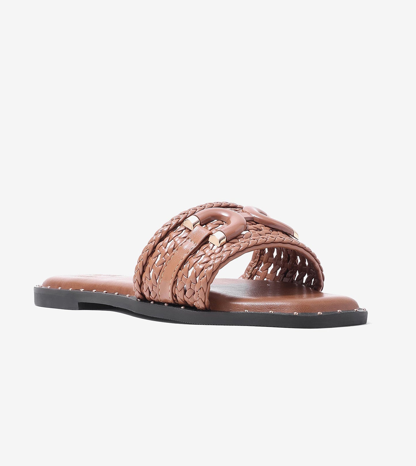 Woven Buckle Detail Slide Flats -Tan