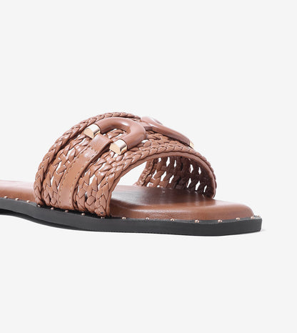 Woven Buckle Detail Slide Flats -Tan