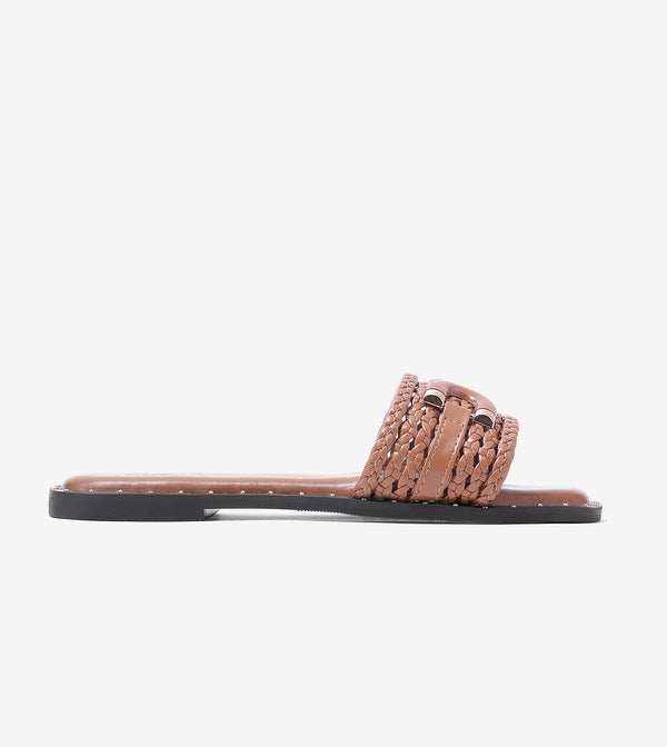 Woven Buckle Detail Slide Flats -Tan