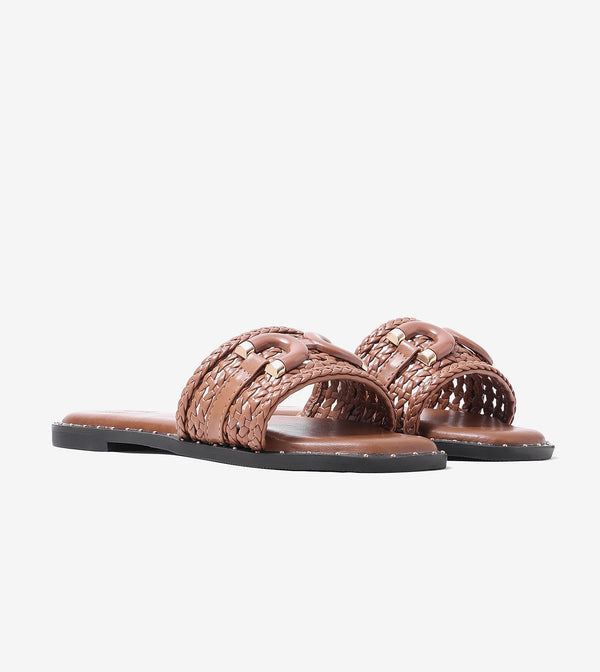 Woven Buckle Detail Slide Flats -Tan