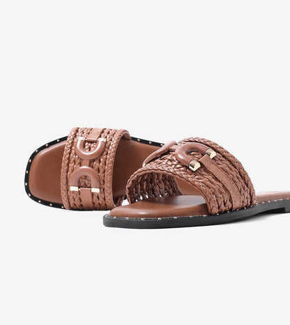Woven Buckle Detail Slide Flats -Tan