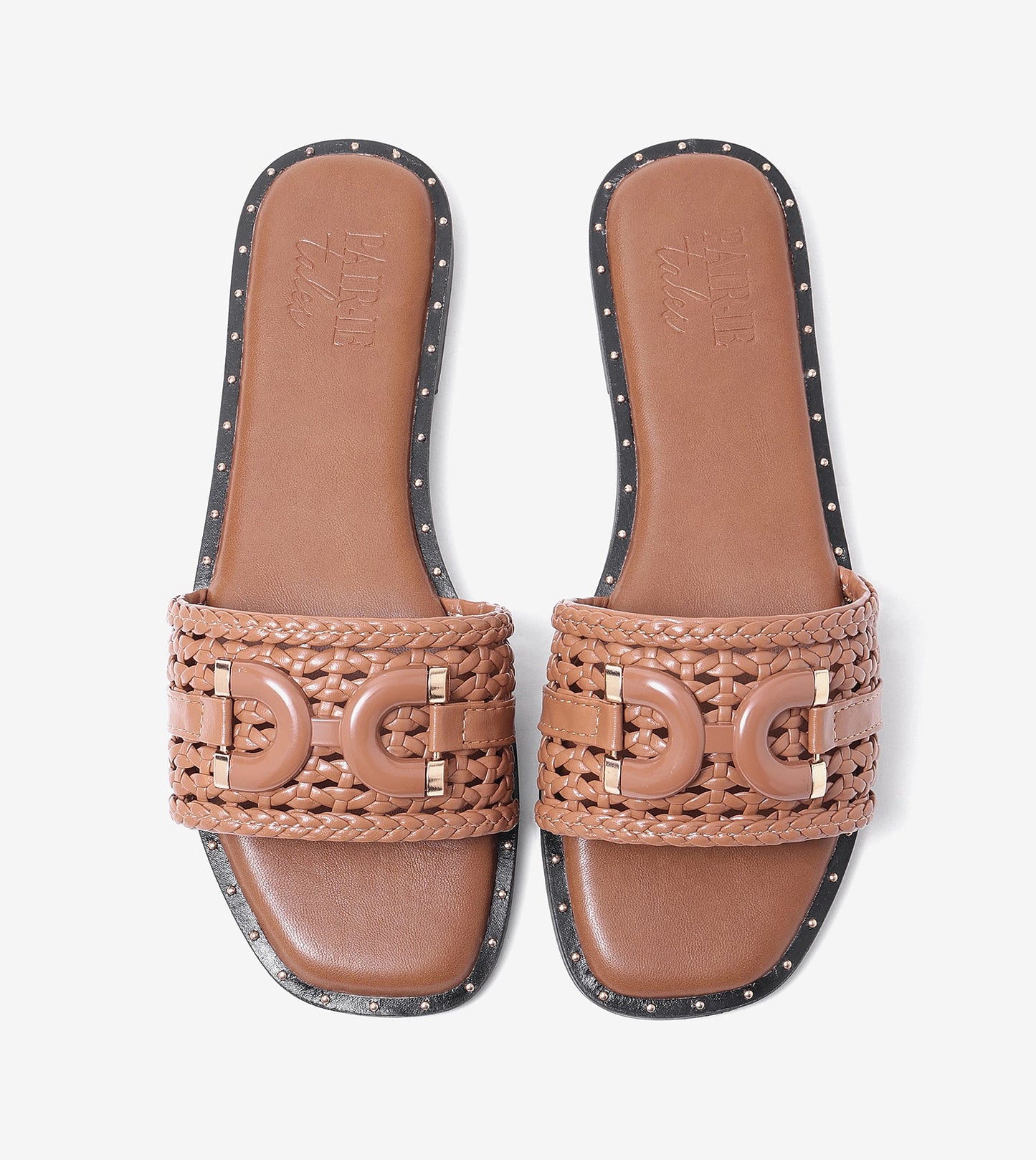 Woven Buckle Detail Slide Flats -Tan