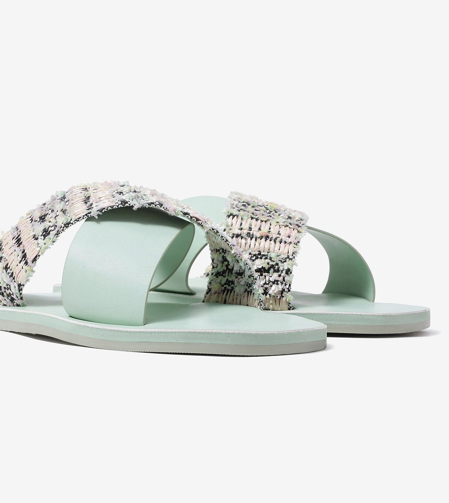Textured Cross-Strap Flats Slides - Light Green