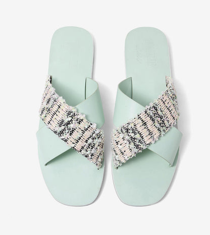 Textured Cross-Strap Flats Slides - Light Green