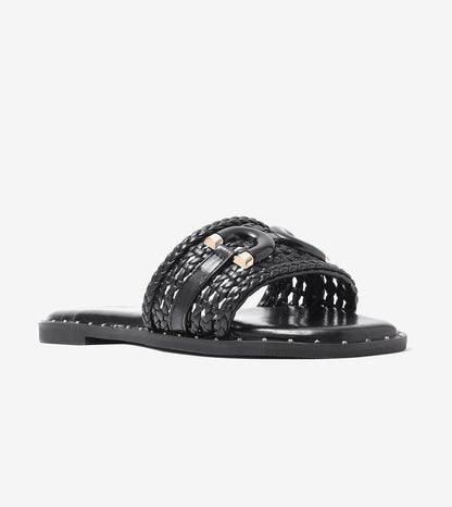 Woven Buckle Detail Slide Flats - Black