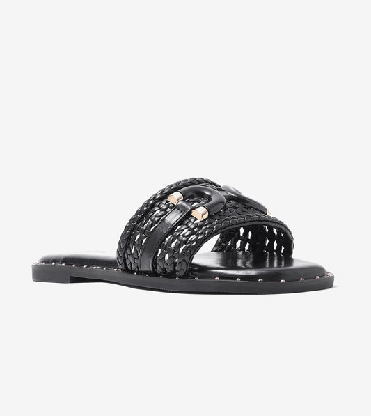 Woven Buckle Detail Slide Flats - Black