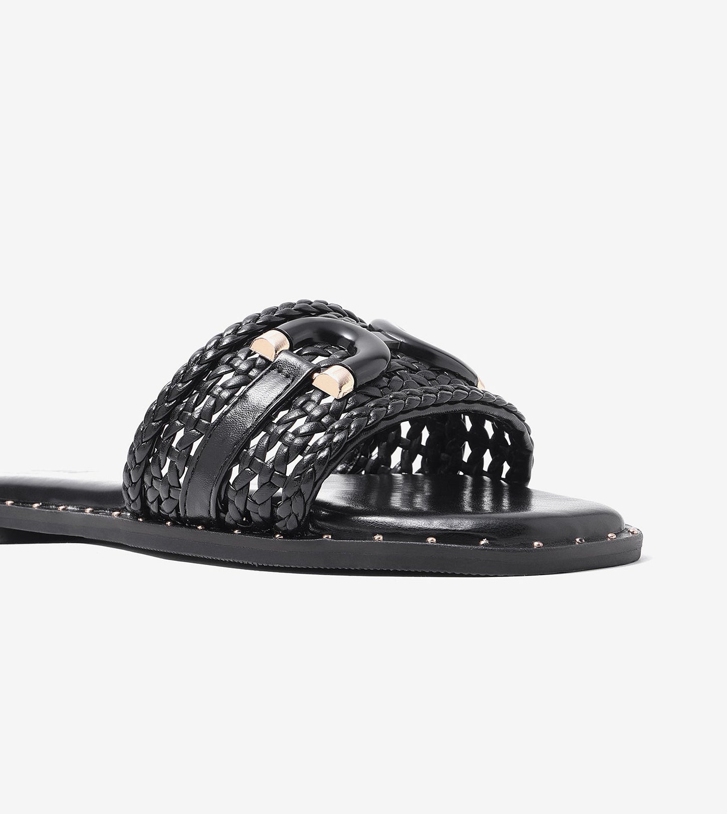 Woven Buckle Detail Slide Flats - Black