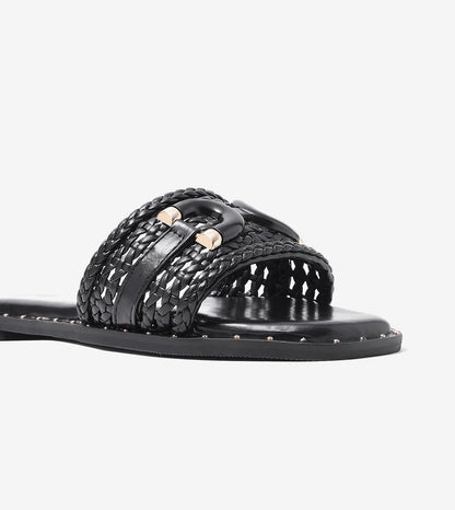 Woven Buckle Detail Slide Flats - Black