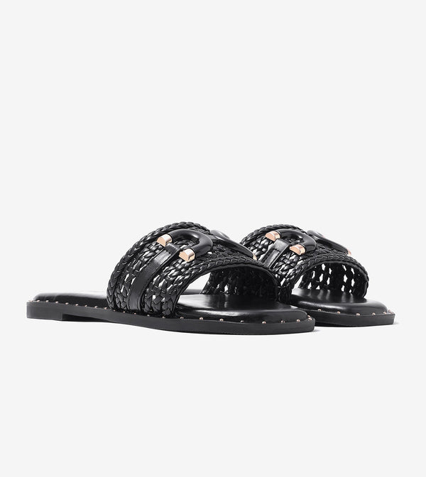 Woven Buckle Detail Slide Flats - Black