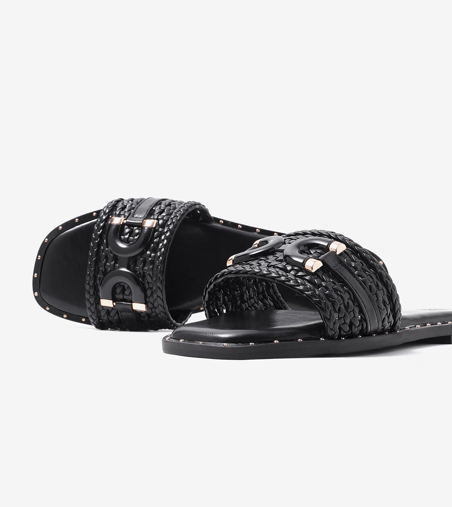 Woven Buckle Detail Slide Flats - Black