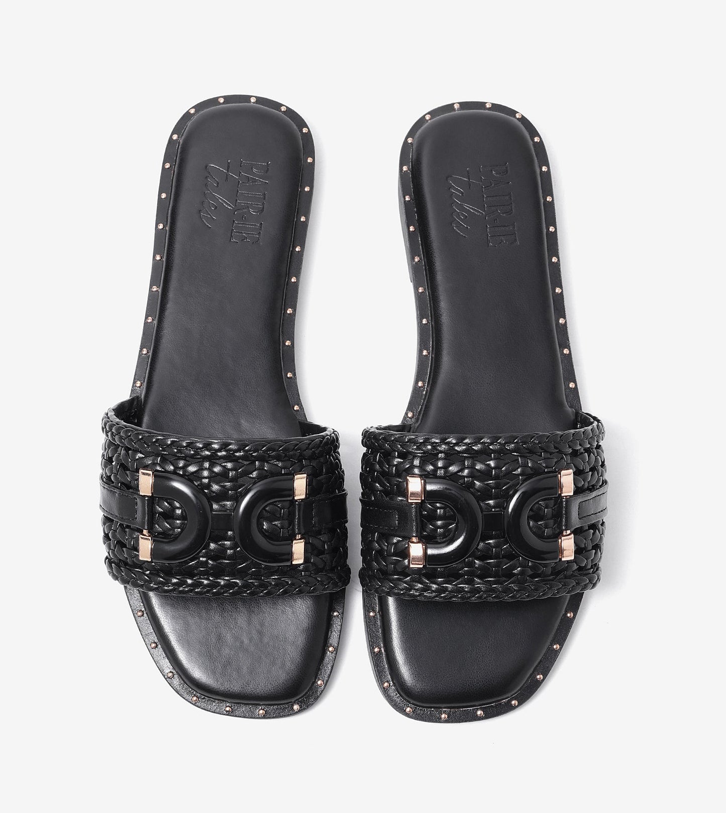 Woven Buckle Detail Slide Flats - Black