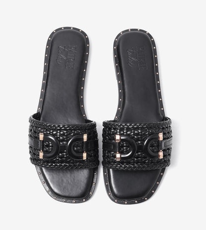 Woven Buckle Detail Slide Flats - Black