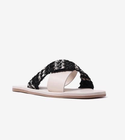 Textured Cross-Strap Flats Slides - Beige