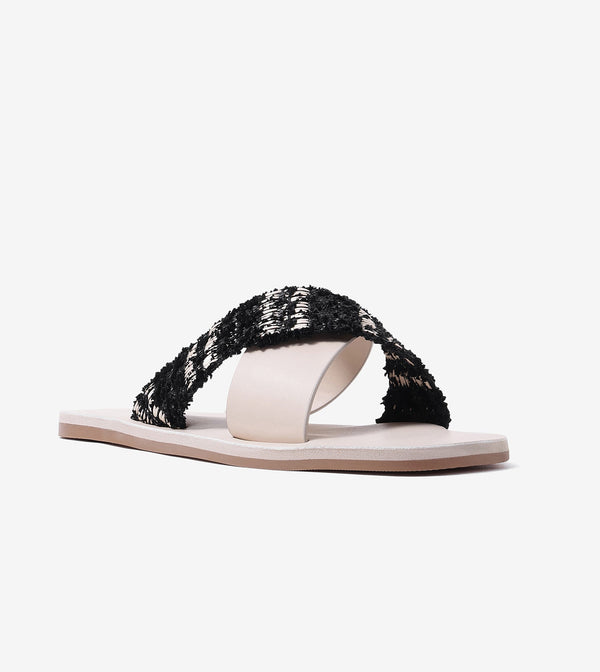 Textured Cross-Strap Flats Slides - Beige