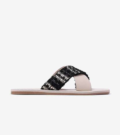 Textured Cross-Strap Flats Slides - Beige
