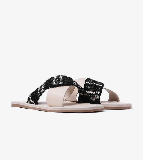 Textured Cross-Strap Flats Slides - Beige
