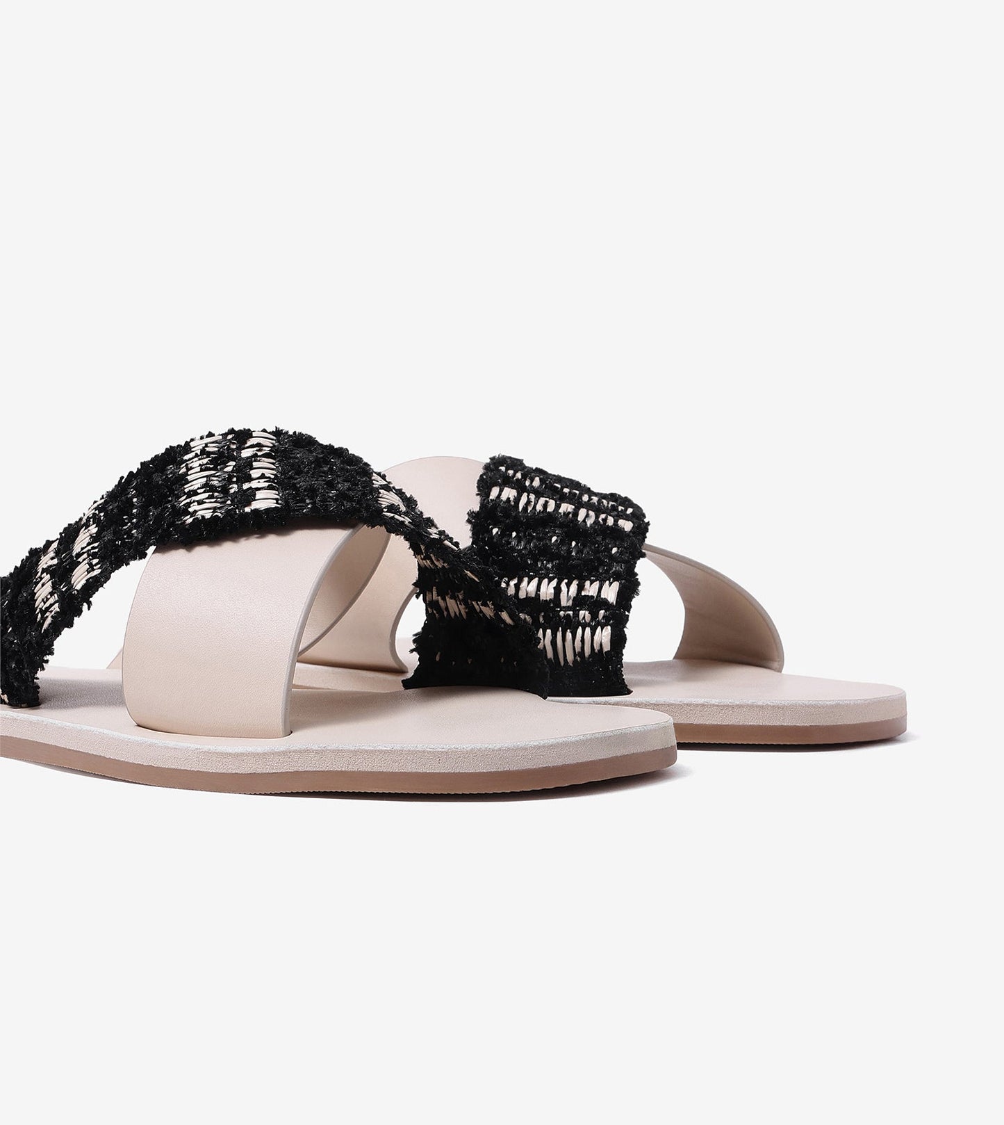 Textured Cross-Strap Flats Slides - Beige