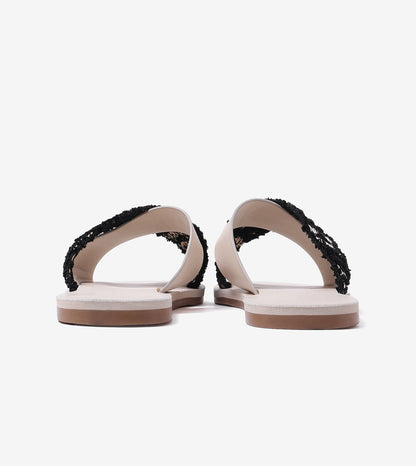 Textured Cross-Strap Flats Slides - Beige