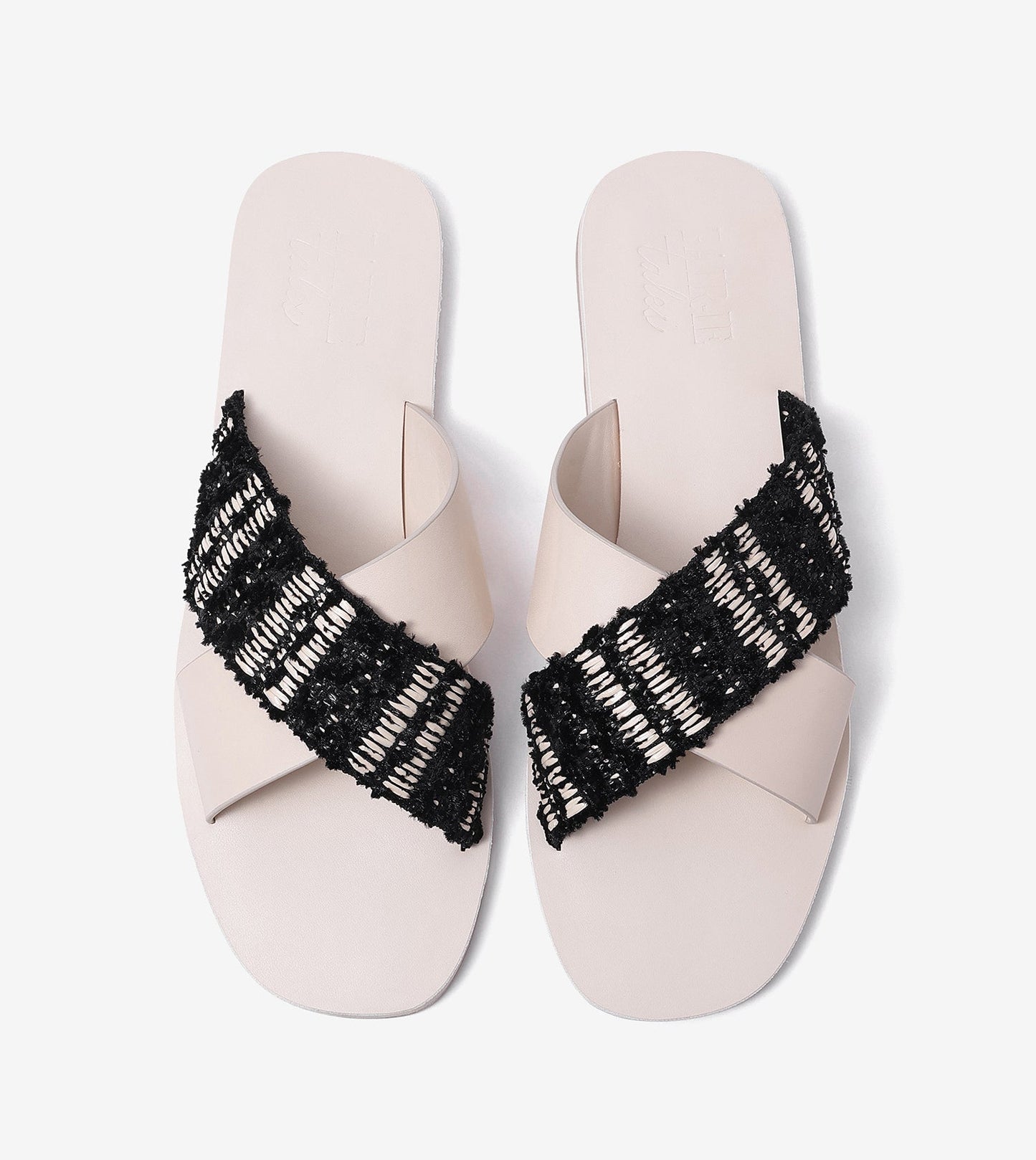 Textured Cross-Strap Flats Slides - Beige