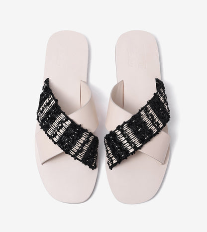 Textured Cross-Strap Flats Slides - Beige