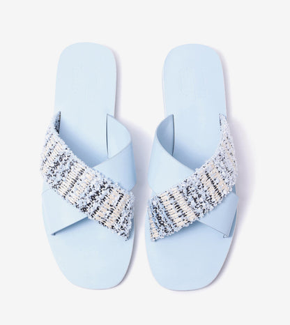 Textured Cross-Strap Flats Slides - Sky Blue