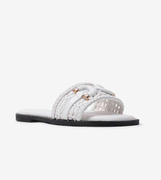 Woven Buckle Detail Slide Flats - White
