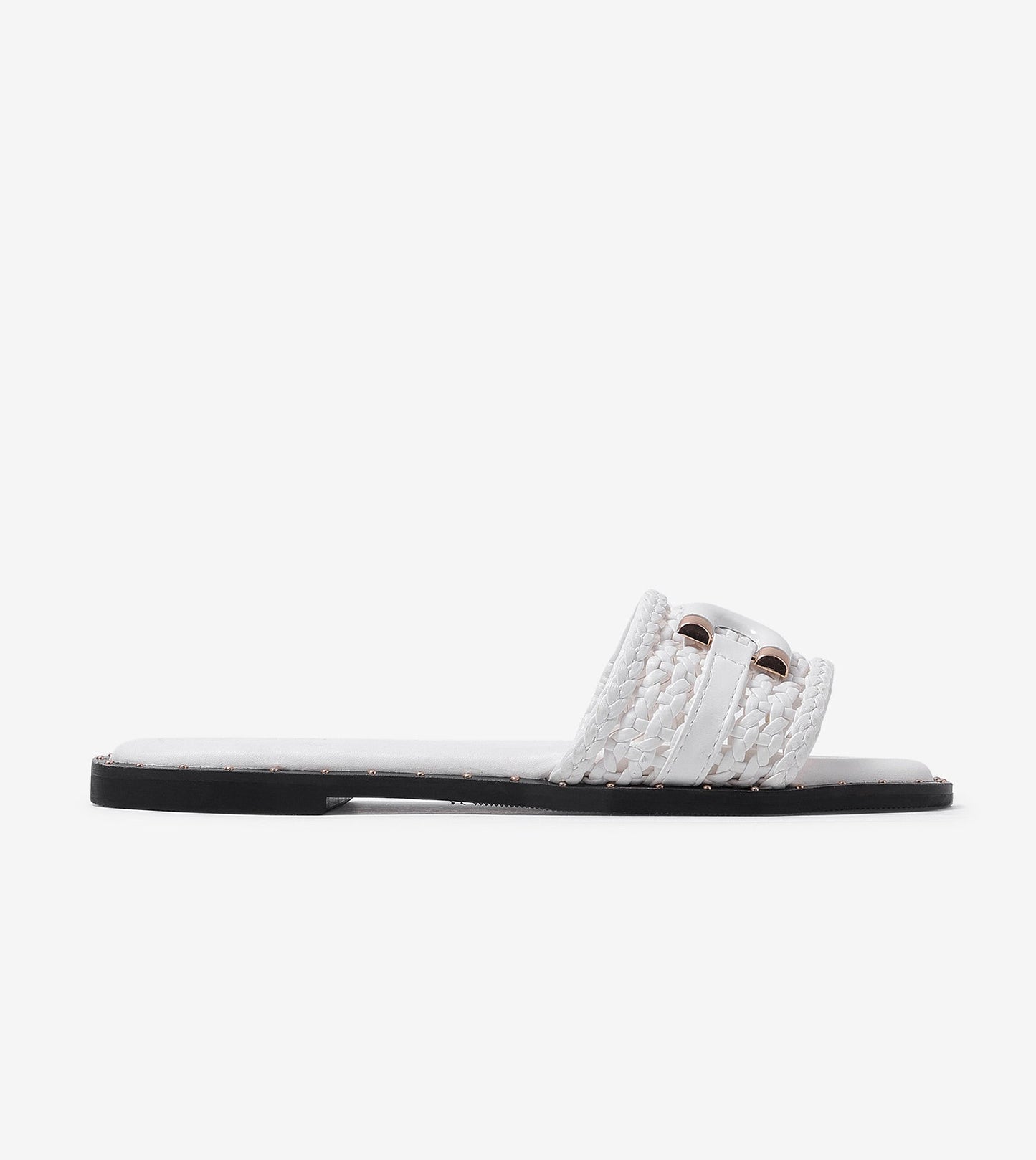 Woven Buckle Detail Slide Flats - White