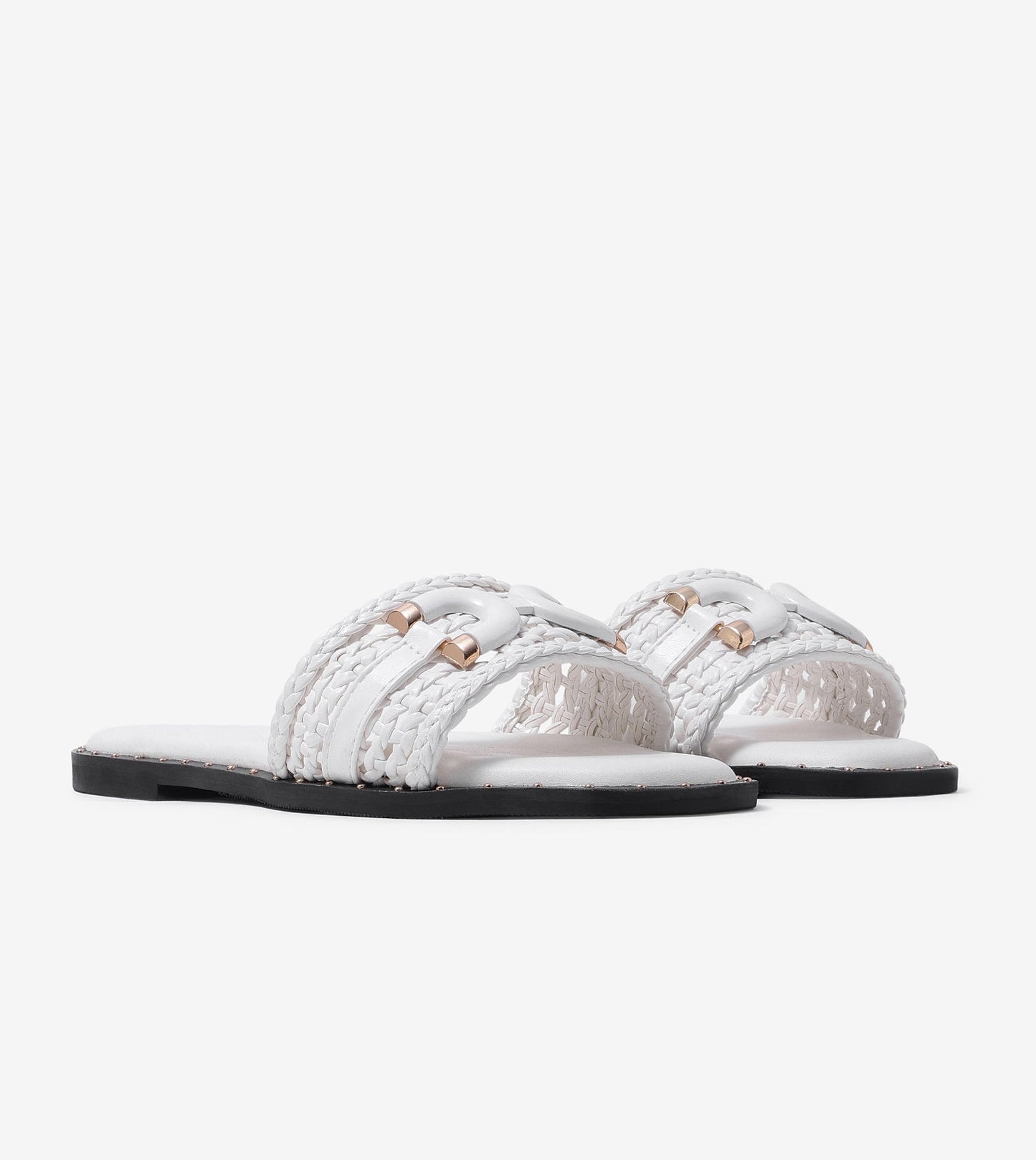 Woven Buckle Detail Slide Flats - White