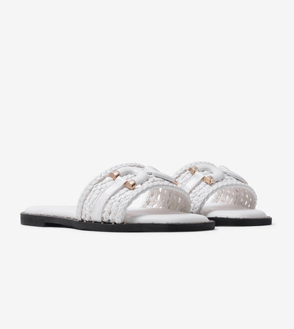 Woven Buckle Detail Slide Flats - White