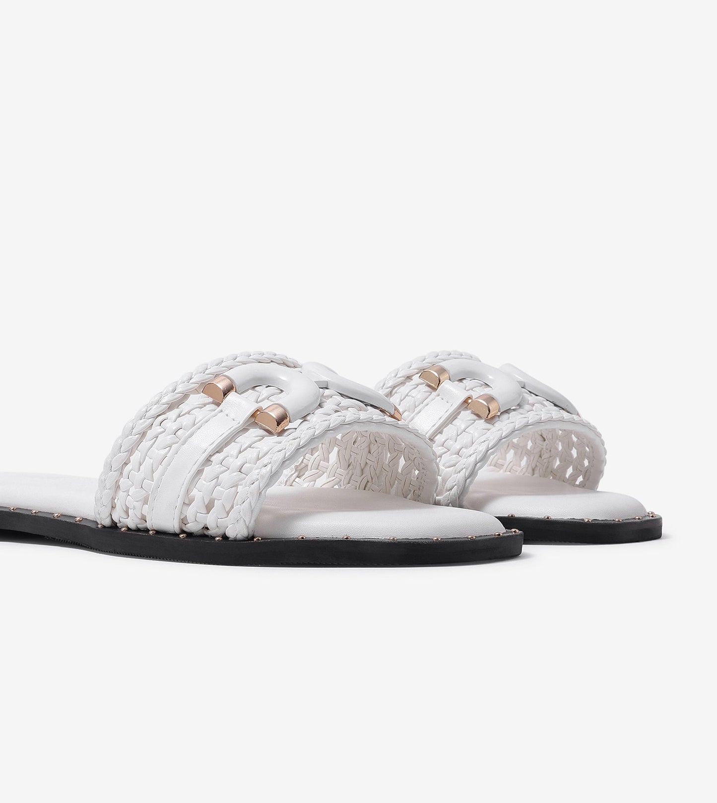 Woven Buckle Detail Slide Flats - White